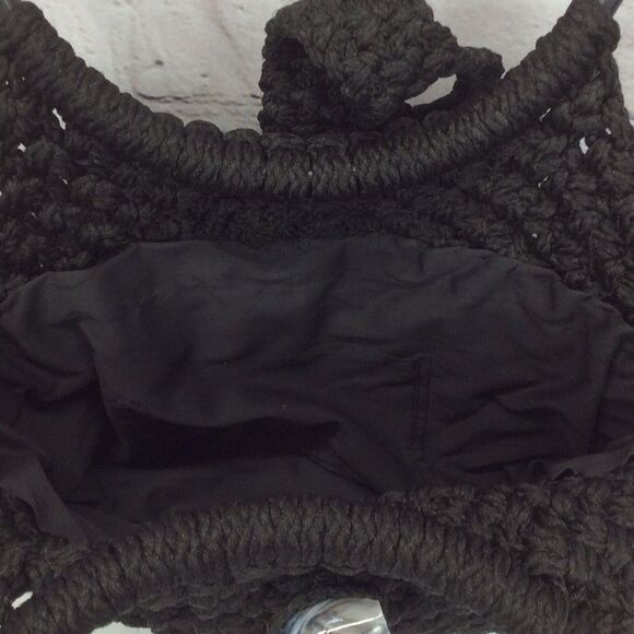 Vintage Macrame Handmade Pocketbook Black Boho Hippie Hoop Shoulder Bag Lined - Picture 3 of 7